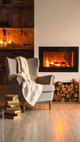 Cozy armchair fireplace blanket fire firewood book interior warmth relaxation living room creates peaceful winter reading corner with glowing candles and warm light