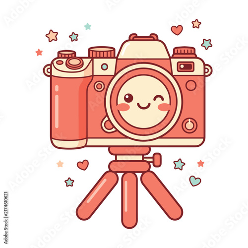 Cute pink kawaii camera illustration on tripod with stars