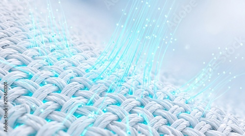 Macro 3D illustration of white woven fabric textile texture with glowing blue light rays showing breathable waterproof fiber technology for laundry detergent and skincare advertising
