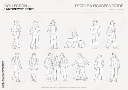 Architectural Scale People Line Art Vector Set, Hand Drawn University Students Cutout Figures Vol. 01 for Landscape Collage Illustration (EPS SVG PNG)