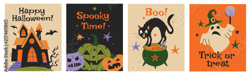 Set of four cute Halloween greeting cards and posters with flat cartoon characters, retro design festive banners with haunted house, spooky jack o lantern pumpkins, black cat, and ghost 