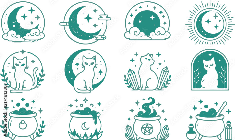 Obraz premium Witchcraft mystic symbols with cats moons and magical cauldrons