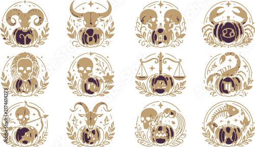 Zodiac signs collection with pumpkin and skull illustration set
