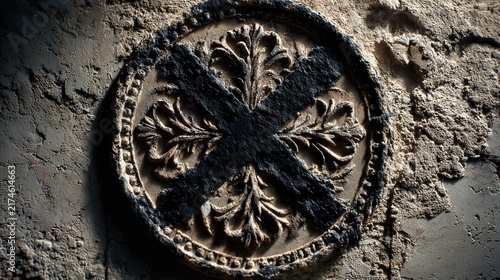 pantheism. A pristine emblem crossed out with a harsh black X on a textured wall. event programs, museum guides, designed for cultural heritage projects and event programs, preserves heritage.