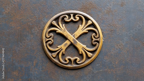 pantheism. A pristine emblem crossed out with a harsh black X on a textured wall. event programs, museum guides, designed for cultural heritage projects and event programs, preserves heritage.