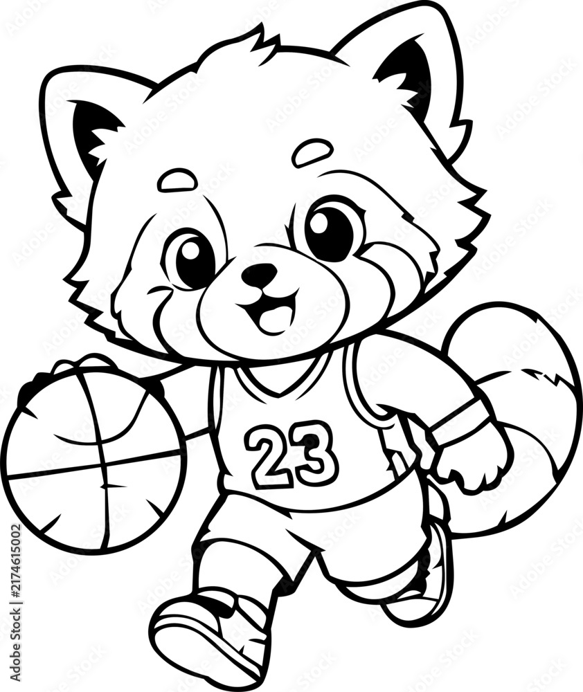 Fototapeta premium Adorable Cartoon Red Panda Playing Basketball Line Art Worksheet