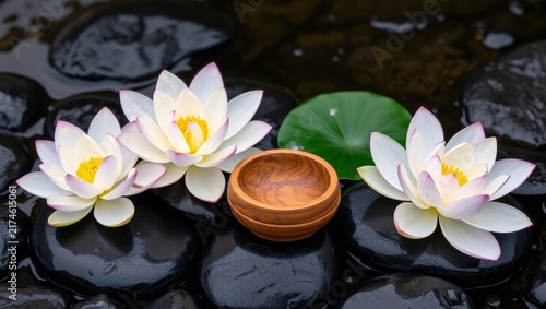 Three pristine white lotus blooms resting on dark wet stones with wooden bowl with flowers soft pink