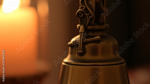 Close up antique brass bell with ornate flute emblem glowing warmly in dim lighting with high detail