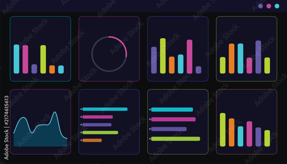 Fototapeta premium Neon Data Visualization Chart Set with Colorful Bar, Line, Donut and Analytics Dashboard Elements