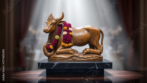 Elegant bronze cow statue adorned with floral garlands on polished black pedestal with traditional