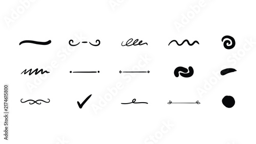 A set of handdrawn vector elements including decorative text dividers flourishes scroll lines checks and abstract brush shapes isolated