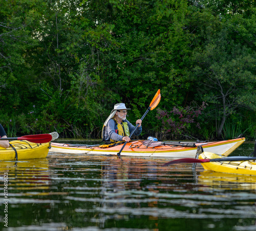 Canvastavla Senior man paddling a sea kayak on an evening group paddle to the Toronto Island