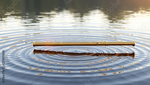 Glowing golden flute resting on shimmering water with reflections mesmerizing concentric instrument