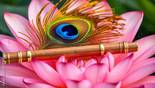 Elegant peacock feather and polished wooden flute resting atop vibrant pink lotus petals with exotic