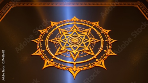 Glowing sacred geometric yantra design with intricate golden patterns with dark textured background