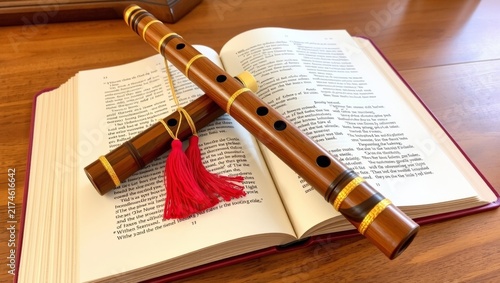 Decorative wooden flute with red silk tassels resting atop open book with classical text with serene