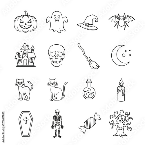 Halloween Icons Set Featuring Spooky Line Art Elements for Design