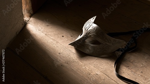 discarded. A solitary ornate Venetian mask rests on a dusty wooden floor in dim light. event programs, museum guides, designed for cultural heritage projects and event programs.