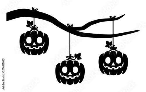 Halloween Hanging Pumpkins on Curved Branch with Spooky Jack-o-Lantern Silhouettes