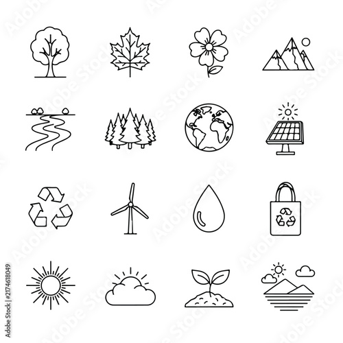 Environment Set of Ecology Icons in Simple Line Art Style
