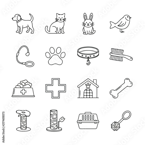 Pet Care Icons Set for Veterinary Clinic and Animal Services Design
