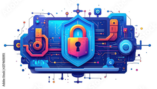 Cybersecurity shield with a padlock and intricate digital circuitry. isolated on white background.