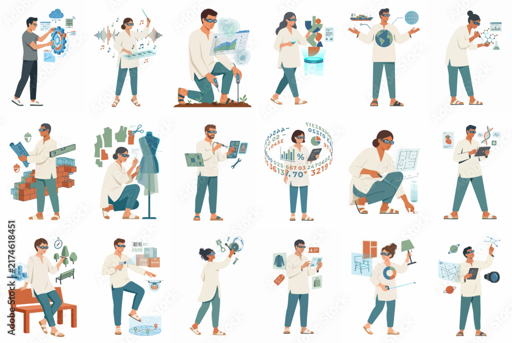 Fototapeta premium Diverse collection of professionals and individuals using augmented reality smart glasses for work, education, and lifestyle tasks in a flat illustration style.