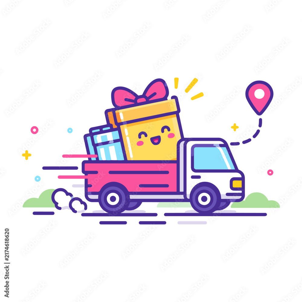Fototapeta premium Gift Delivery Truck Carrying Large Present with Festive Celebration Design