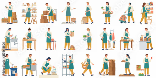 Vector illustration collection of grocery store employees performing various retail and warehouse tasks like stocking shelves, helping customers, and managing inventory.