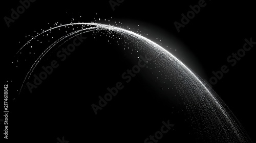 parabolic. Sleek glowing white parabolic trajectory of dots on black background. product launch decks, UI/UX mockups, designed for product launches and innovation pitches, highlights innovation.