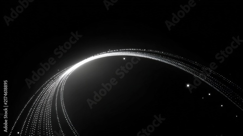 parabolic. Sleek glowing white parabolic trajectory of dots on black background. product launch decks, UI/UX mockups, designed for product launches and innovation pitches, highlights innovation.