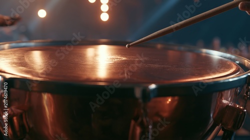 timpani. Close-up of a timpani drumhead with a drumstick poised just above its center. event programs, museum guides, designed for cultural heritage projects and event programs, preserves heritage.