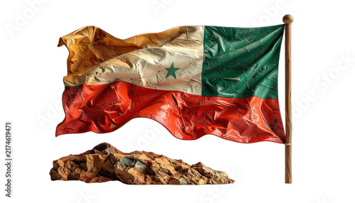 A textured flag with gold, white, red, and green stripes, featuring a green star, stands against a dark backdrop, with a pile of rocks below. isolated on white background.
