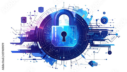 Digital security concept with a central glowing padlock surrounded by abstract technological elements. isolated on white background.