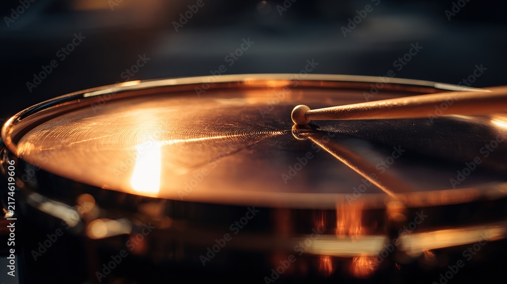 Fototapeta premium timpani. Close-up of a timpani drumhead with a drumstick poised just above its center. event programs, museum guides, designed for cultural heritage projects and event programs, preserves heritage.