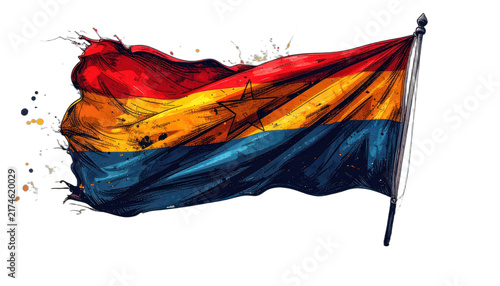 A vibrant, stylized depiction of a waving flag with a star emblem. isolated on white background.