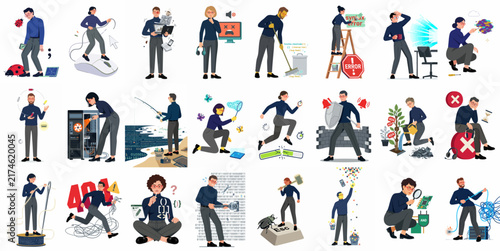 Flat vector illustration set of IT professionals performing various technical tasks, debugging software, managing databases, and solving common computer problems and system errors.