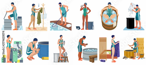 Set of flat vector illustrations depicting people engaging in cold water immersion, ice bath therapy, and post-workout recovery routines.