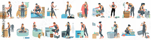 A collection of character illustrations featuring men and women practicing cold water therapy, ice baths, and cold plunges using barrels and portable tubs.