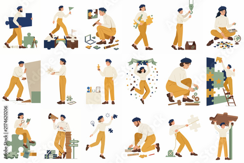 Illustration of diverse people solving puzzles, working with tools, and collaborating on tasks to represent business strategy, teamwork, and growth.