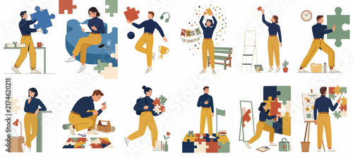 Collection of characters solving problems and collaborating with giant puzzle pieces, representing teamwork, strategy, and business success in a flat illustration style.