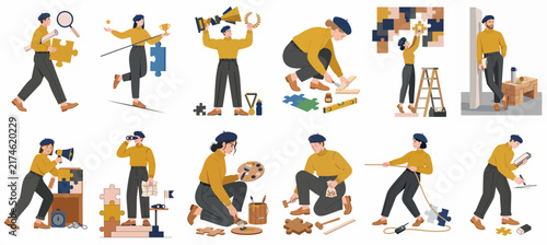Flat illustration collection of professional people collaborating on creative projects, solving puzzles, and achieving business success through teamwork and various manual tools.