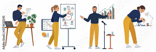Professional Characters Set Illustrating Business Analysis, Marketing Presentation, Data Research, and Scientific Laboratory Work on White Background