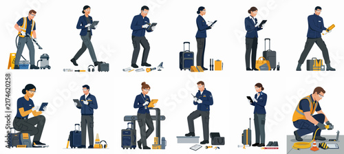 Flat illustration set of various airport ground crew and security staff performing maintenance, inspections, and luggage handling on a white background.