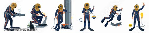 Vector character set of a commercial deep-sea diver in various poses performing underwater maintenance, construction, and repair tasks with vintage diving gear.