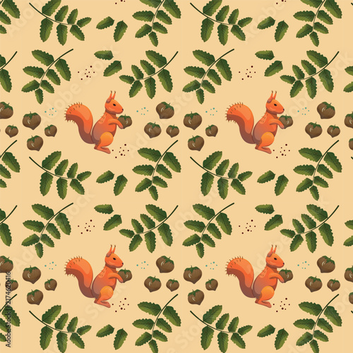 Seamless pattern with squirrels, branches with leaves and hazelnuts for application to various surfaces