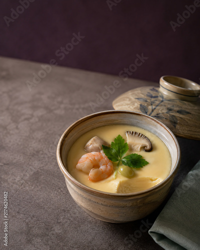 Japanese Chawanmushi Savory Steamed Egg Custard with Shrimp and Mushroom