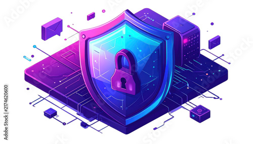 A futuristic digital shield with a padlock symbolizes cybersecurity and data protection in a vibrant neon landscape. isolated on white background.