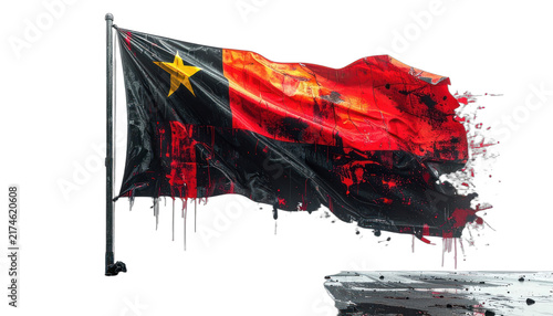 A distressed flag with a star symbol is depicted against a dark backdrop, appearing to disintegrate. isolated on white background.