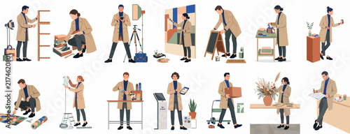Collection of flat illustrations showing people in stylish attire engaged in various creative and professional activities like painting, photography, and crafting.